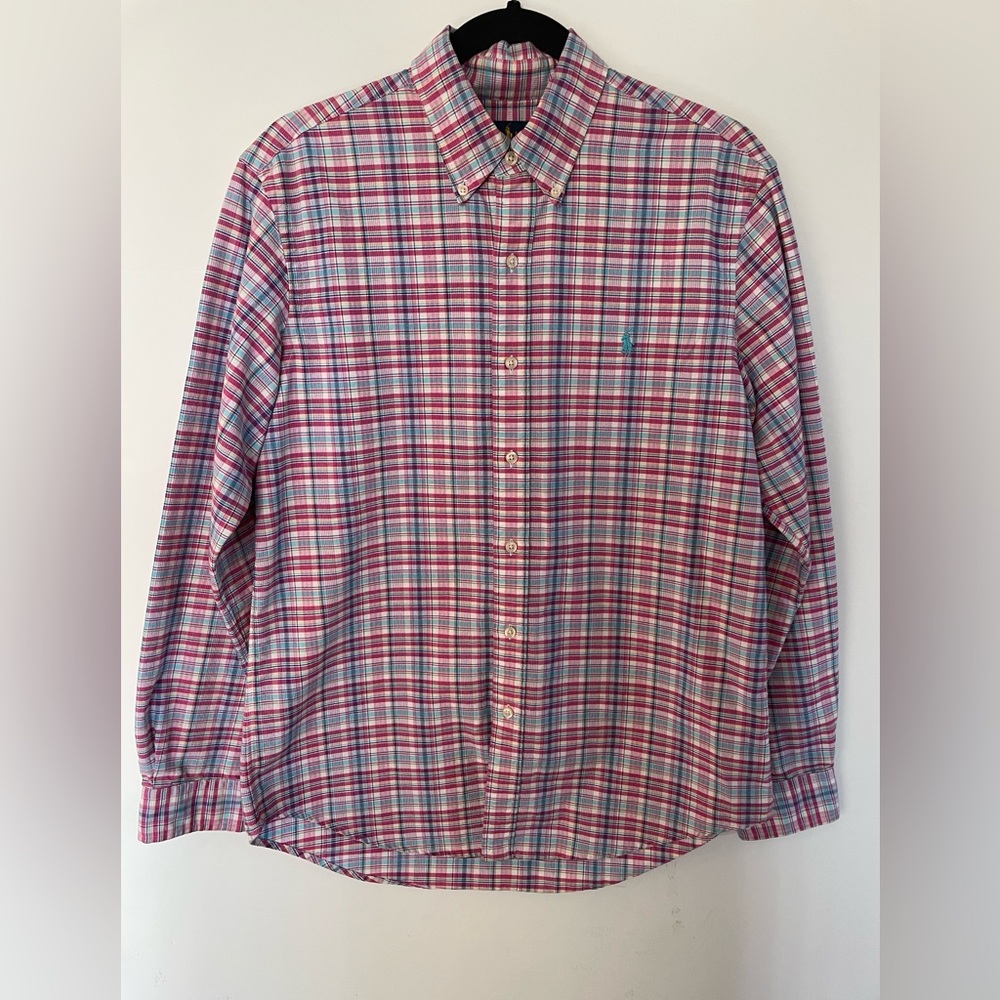 Men's Ralph Lauren Button Front Long Sleeve Pink Plaid Shirt SZ M